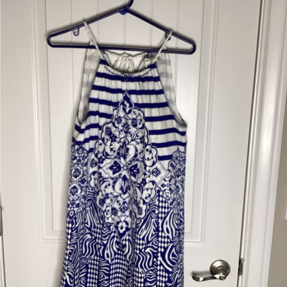 Max Studio Blue and White Halter Dress.  Sz. Med Boho, Summertime, Resortwear